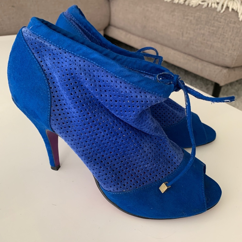 Blue suede peep toe heels